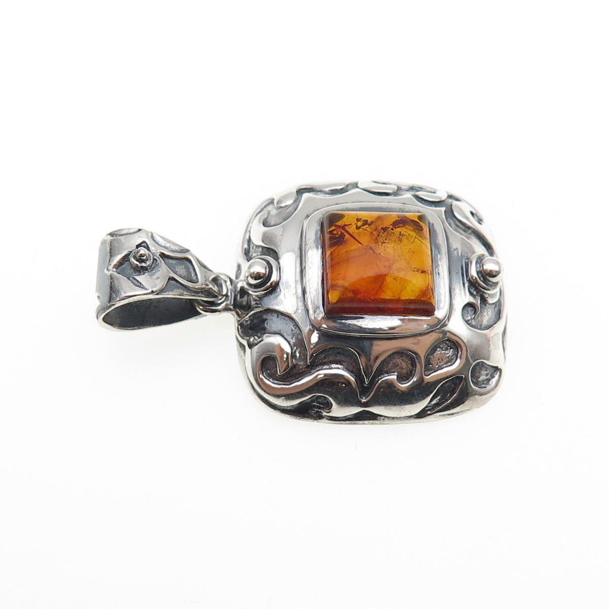 925 Sterling Silver Vintage Real Amber Swirl Oxidized Charm Pendant