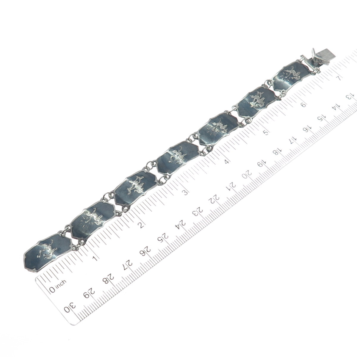 925 Sterling Silver Antique Siam Niello Hindu Goddess Panel Link Bracelet 7"