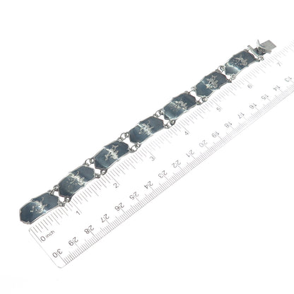 925 Sterling Silver Antique Siam Niello Hindu Goddess Panel Link Bracelet 7"