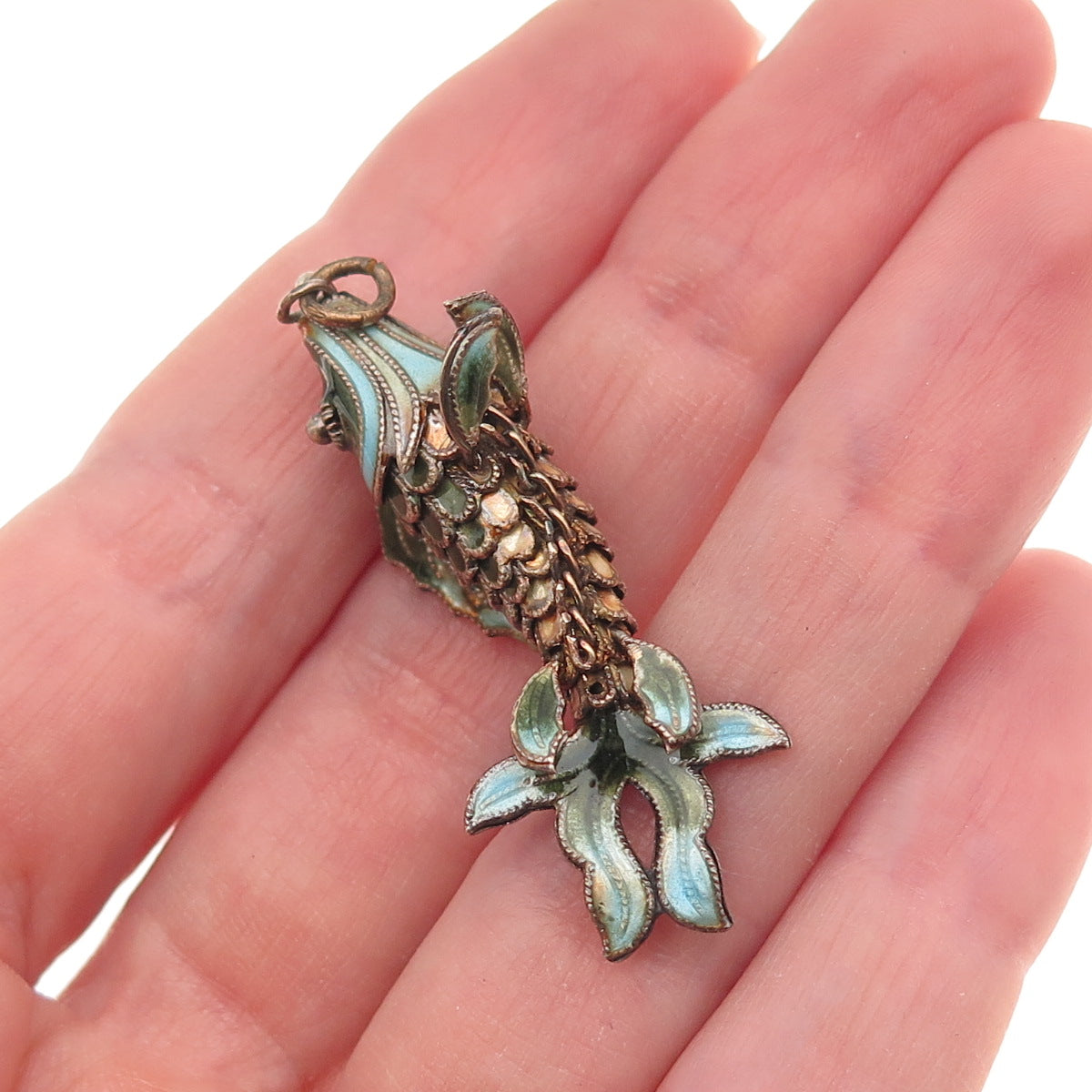 925 Sterling Silver Antique Art Deco Enamel Koi Fish Articulated Charm Pendant