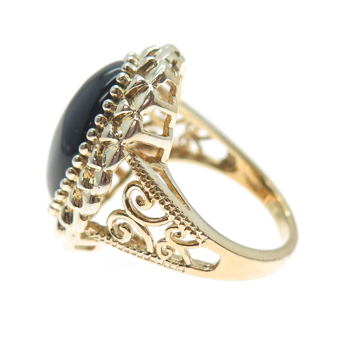 HN HENG NGAI Sterling Silver Gold Plated Vintage Real Black Onyx Ring Size 9.25