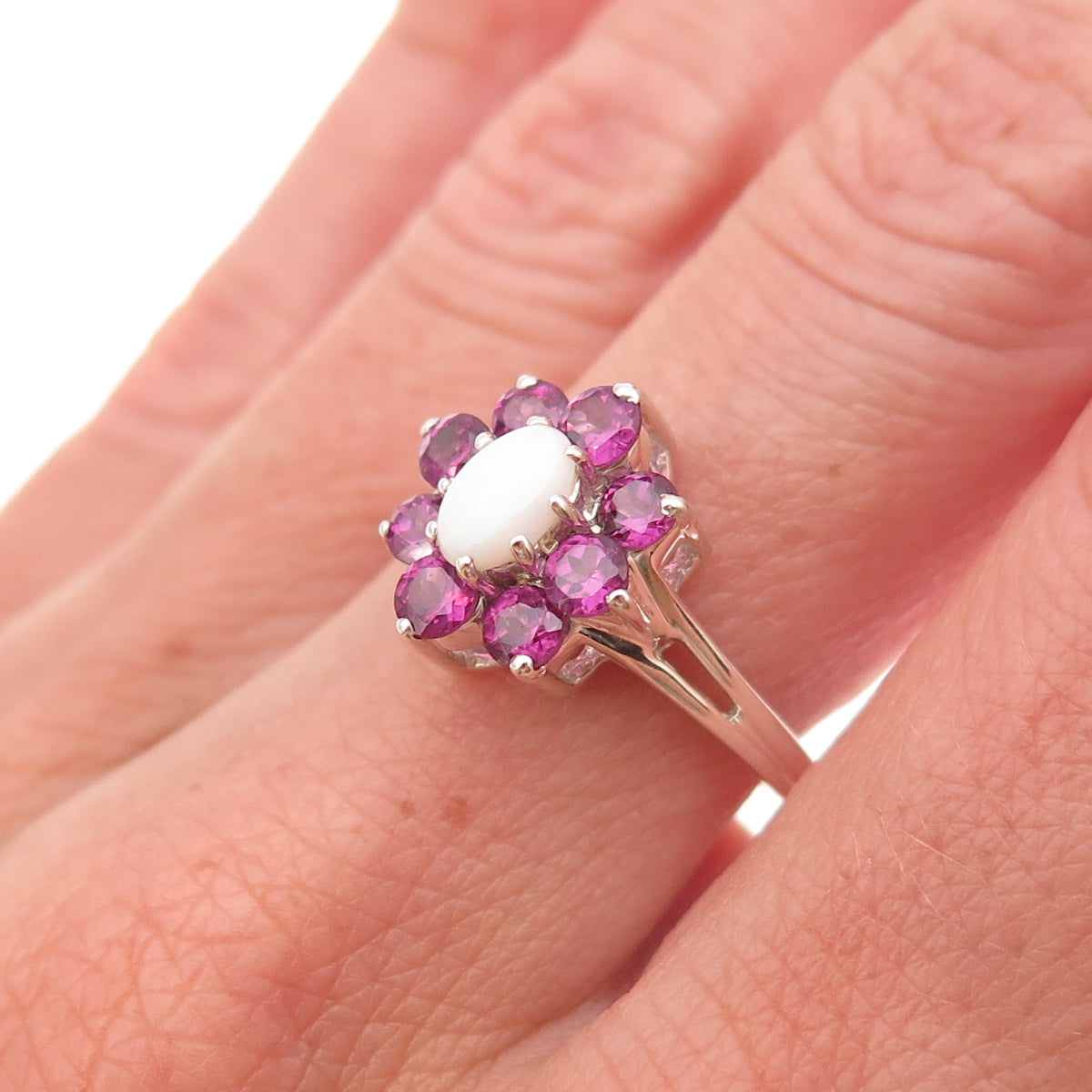 Monica Jain 925 Sterling Silver Real Opal & Amethyst Floral Ring Size 7.25