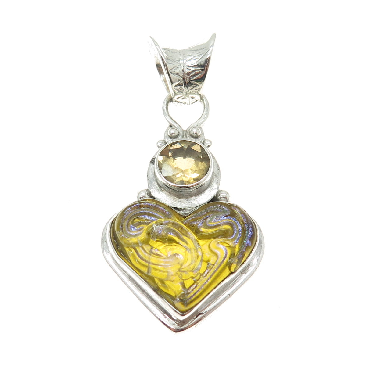 925 Sterling Silver Vintage Real Citrine Gemstone & Carved Glass Heart Pendant