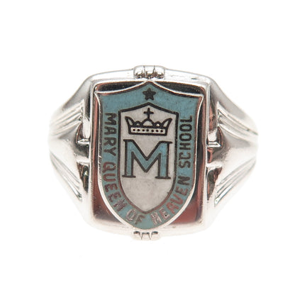SK&F Sterling Silver Vintage Enamel Mary Queen of Heaven School Ring Size 8.25