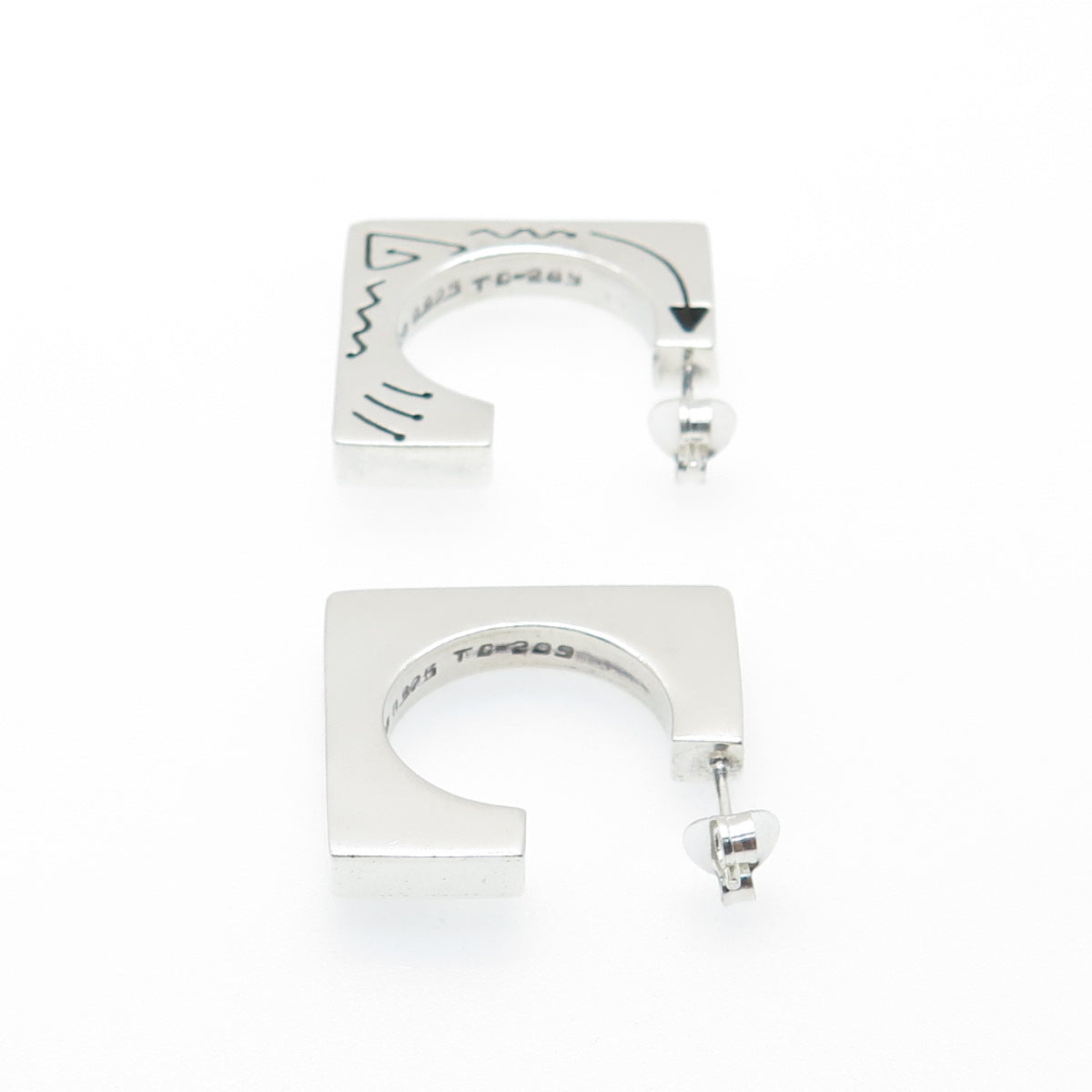 925 Sterling Silver Vintage Mexico Tribal Symbols Square Hoop Earrings