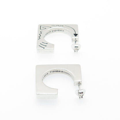 925 Sterling Silver Vintage Mexico Tribal Symbols Square Hoop Earrings