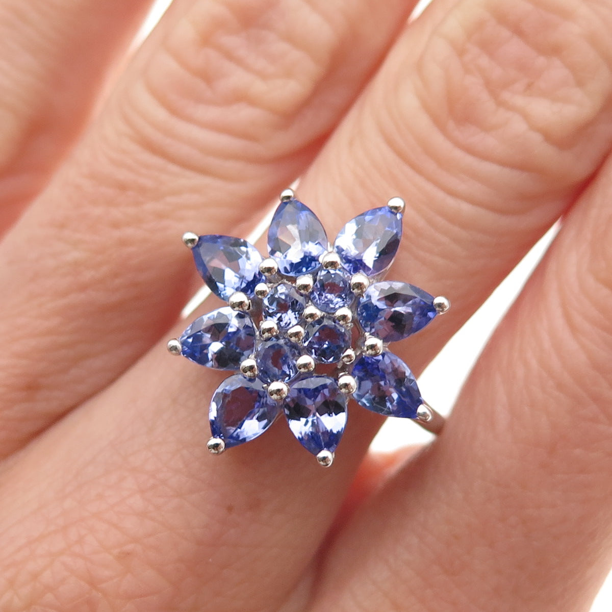 925 Sterling Silver Real Round & Pear-Cut Tanzanite Floral Ring Size 8