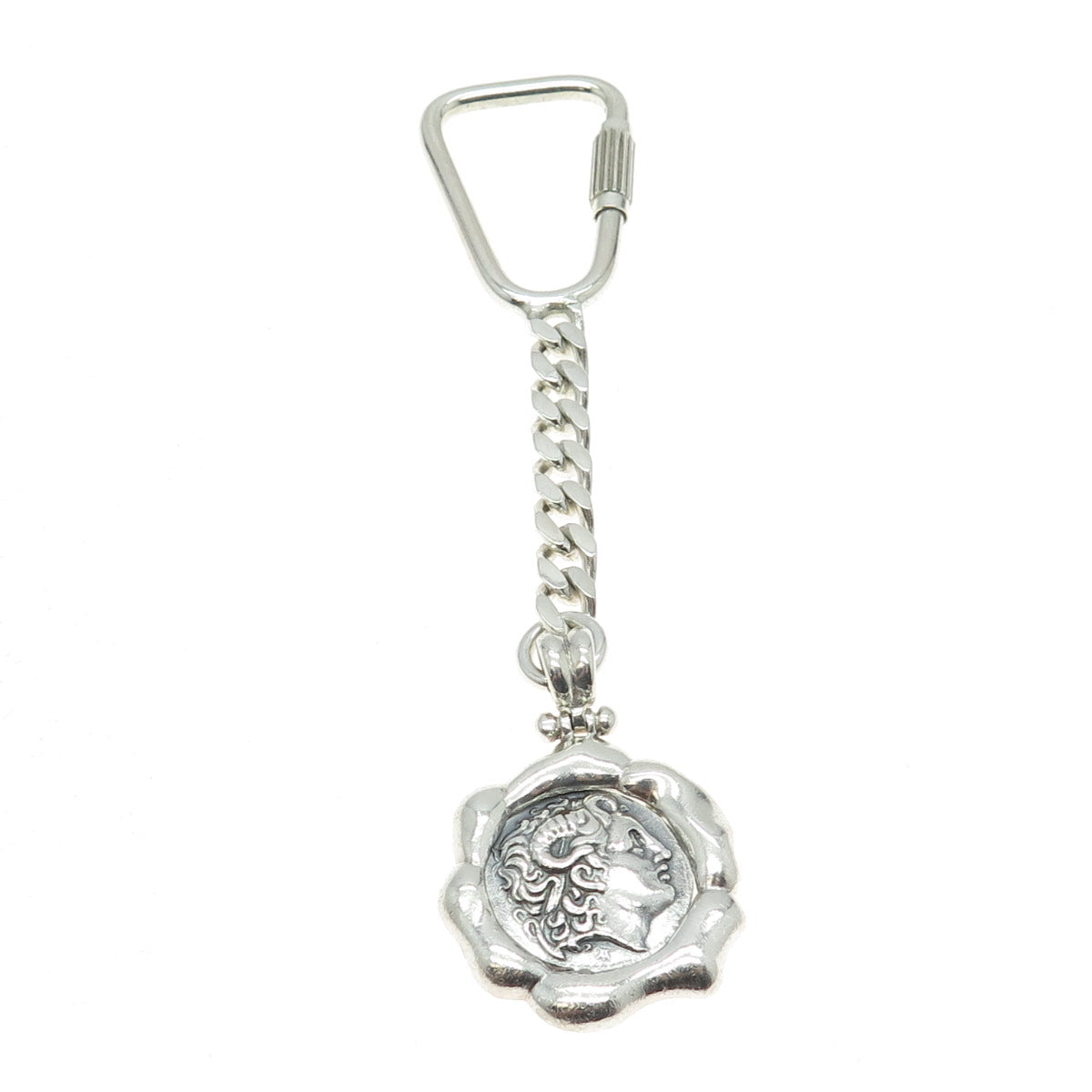 925 Sterling Silver Vintage Alexander The Great Coin Key Chain Ring Holder