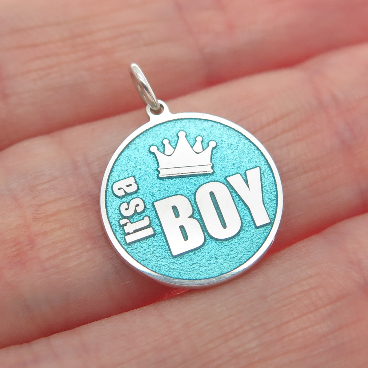 925 Sterling Silver Turquoise Enamel It's A Boy Crown Minimalist Charm Pendant