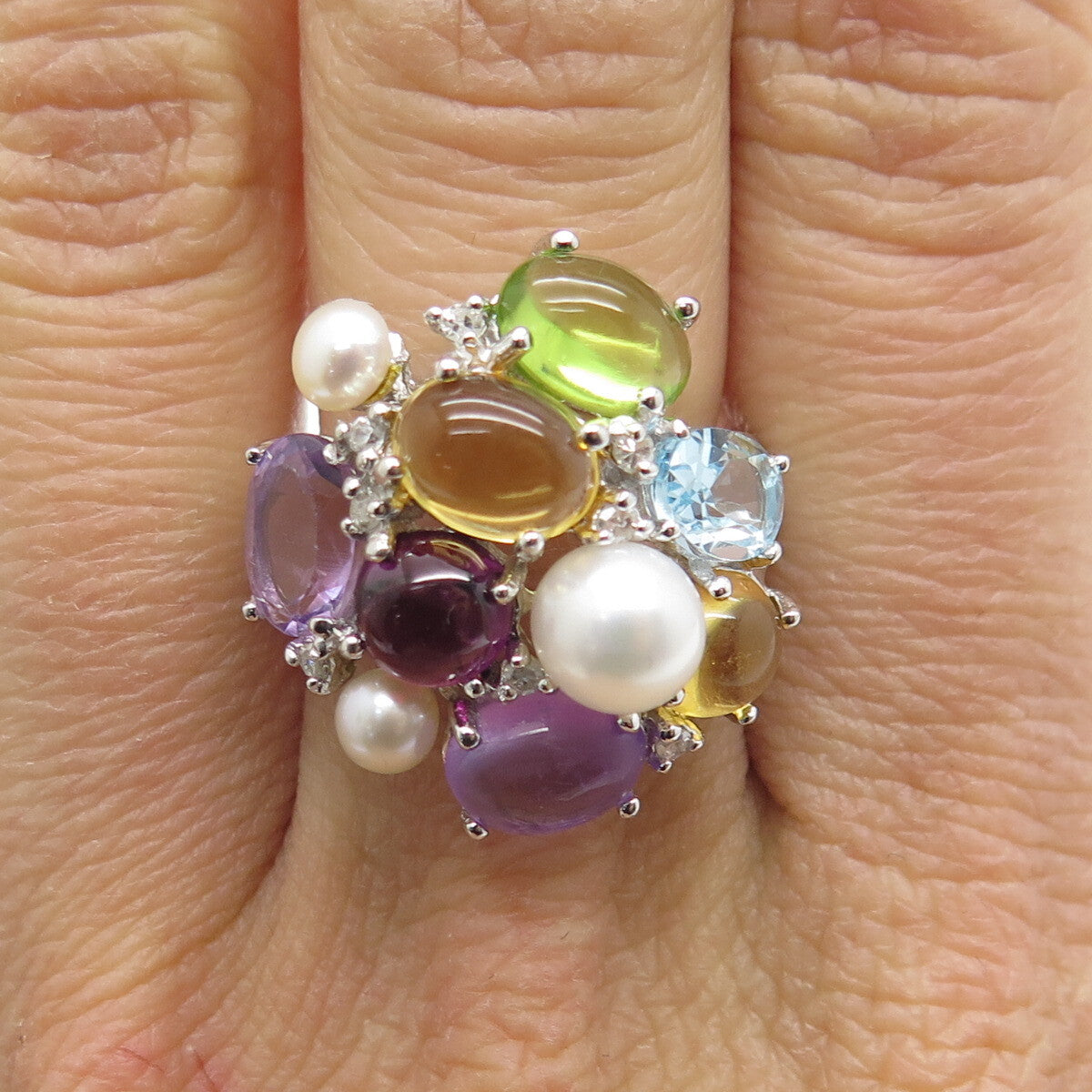 925 Sterling Silver Diamond Pearl Amethyst Citrine Peridot & Topaz Ring Size 7.5