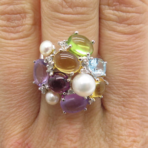 925 Sterling Silver Diamond Pearl Amethyst Citrine Peridot & Topaz Ring Size 7.5