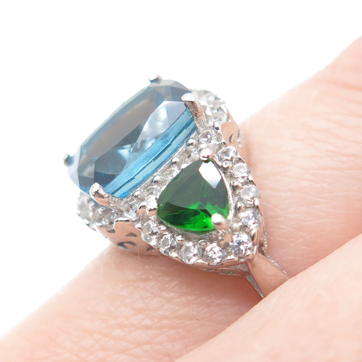 DSMK 925 Sterling Silver Real White & Blue Topaz Chrome Diopside Gem Ring Size 7