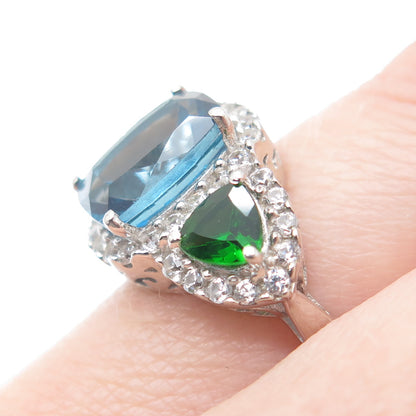 DSMK 925 Sterling Silver Real White & Blue Topaz Chrome Diopside Gem Ring Size 7