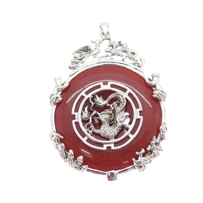 ROSS SIMONS 925 Sterling Silver Vintage Real Red Jade Royal Dragon Pendant