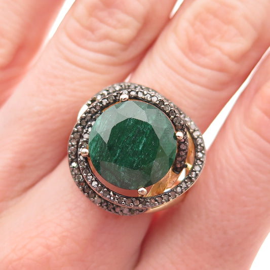 925 Sterling Silver Gold Plated Vintage Real Diamond & Emerald Ring Size 8