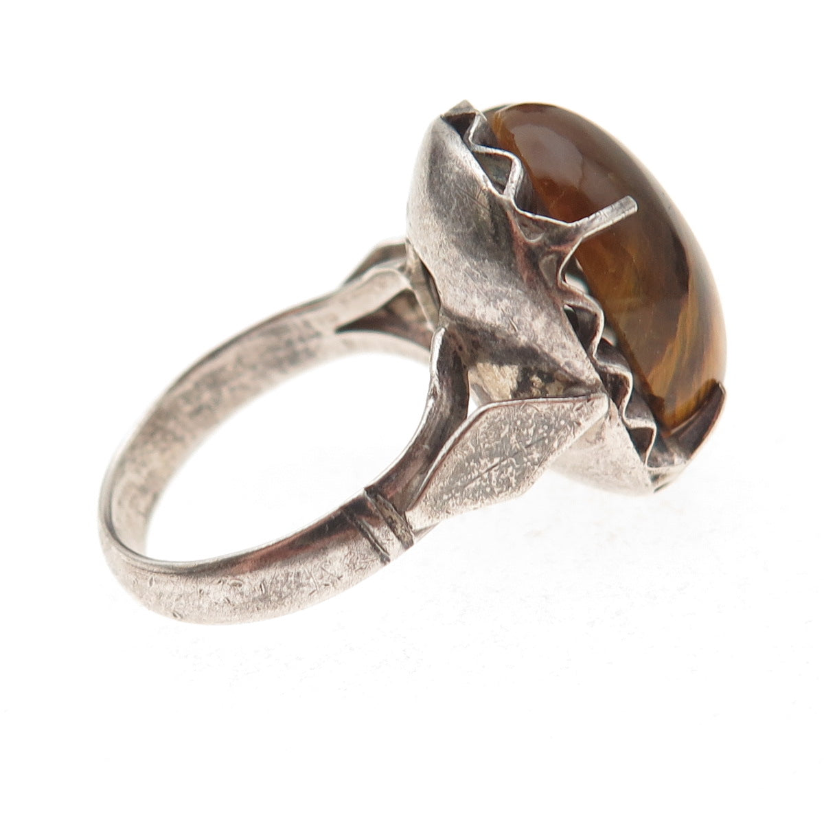 925 Sterling Silver Vintage Real Tiger Eye Modernist Oxidized Ring Size 6