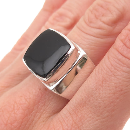 925 Sterling Silver Vintage Real Black Onyx Modernist Ring Size 10.25