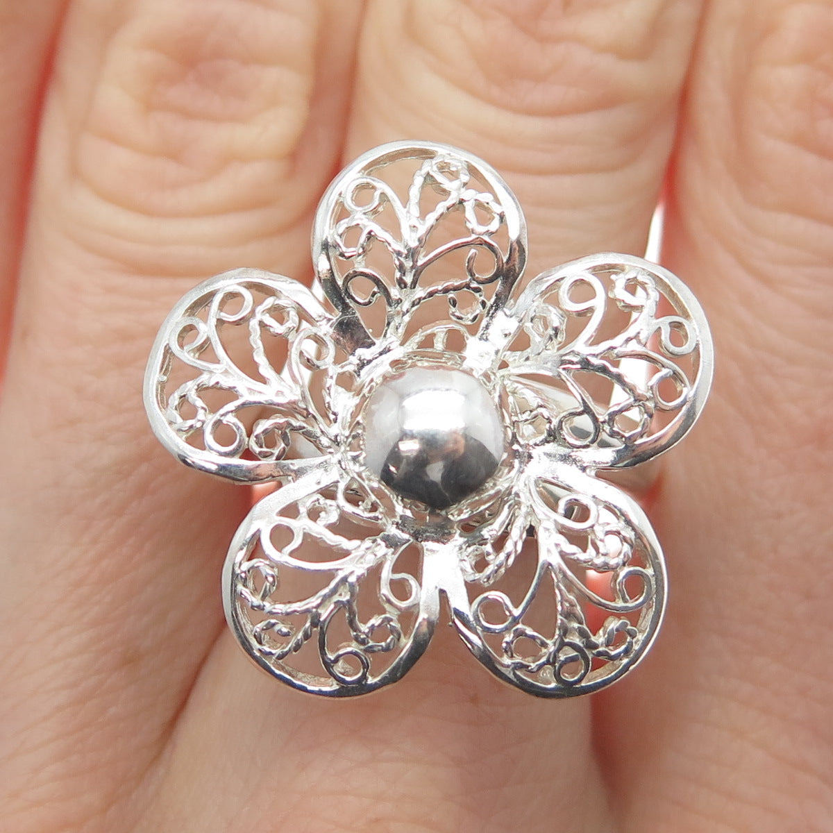 RIDER 950 Silver Vintage Flower Blossom Filigree Adjustable Ring Size 6.75