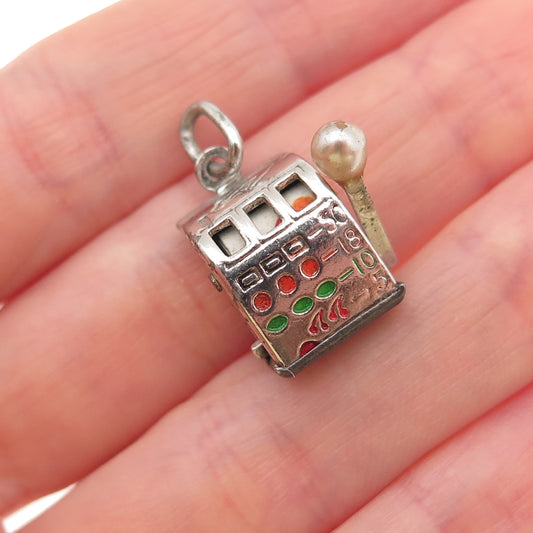 925 Sterling Antique Enamel Real Pearl Slot Machine Casino Lucky 3D Mini Pendant