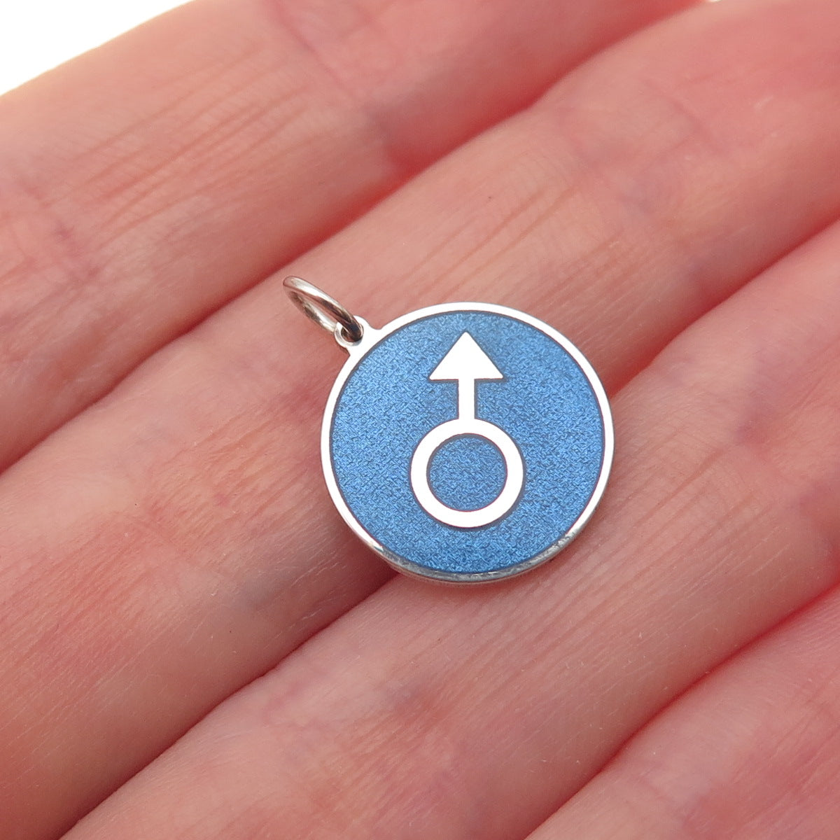 925 Sterling Silver Blue Enamel Male Symbol Round Tag Mini Charm Pendant