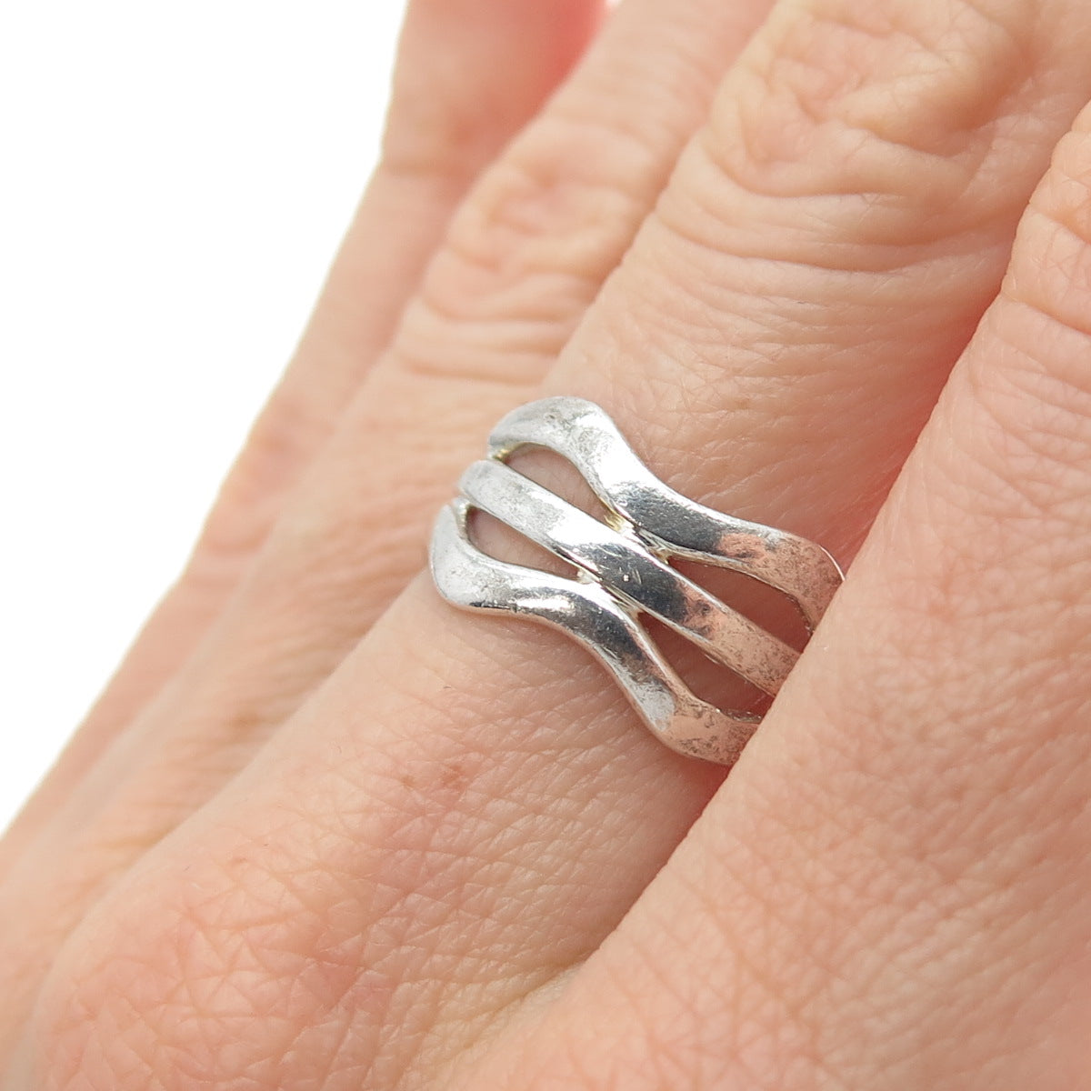 925 Sterling Silver Vintage Modernist 3-Row Wavy Band Ring Size 7.25