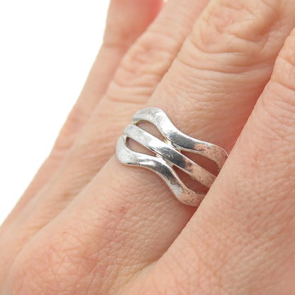 925 Sterling Silver Vintage Modernist 3-Row Wavy Band Ring Size 7.25