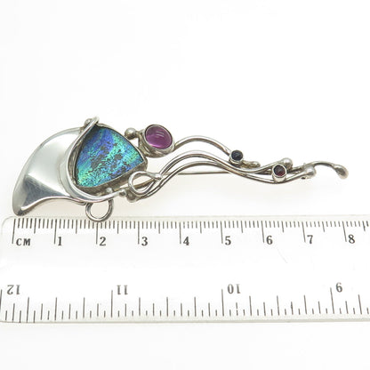 925 Sterling Silver Vintage Roman Glass Amethyst Tourmaline Onyx Brooch Pendant