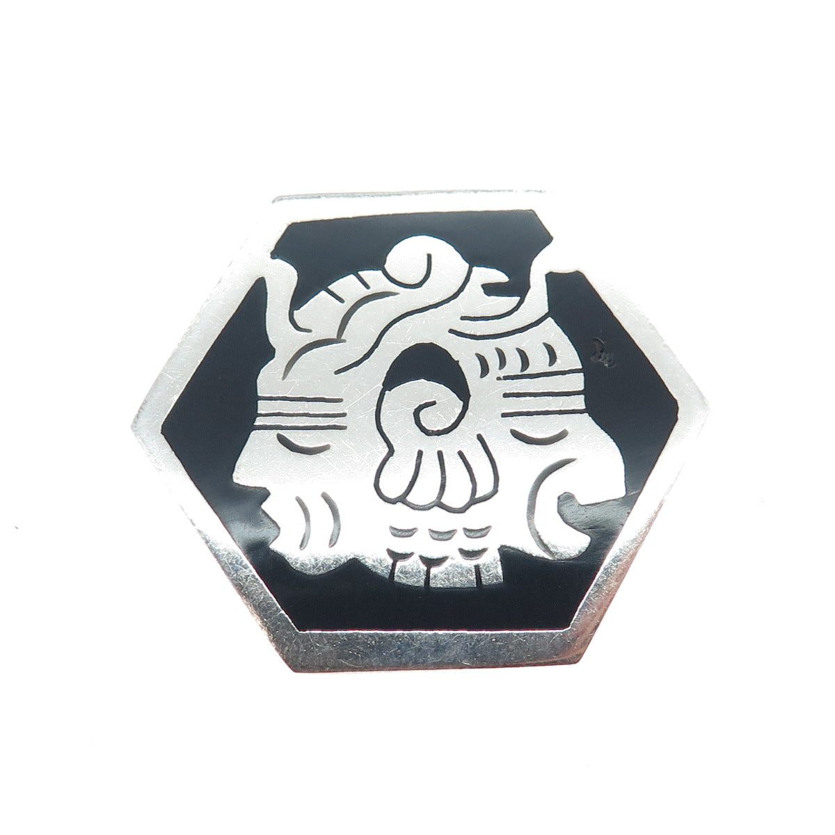 925 Sterling Silver Vintage Mexico Real Black Onyx Tribal God Pin Brooch Pendant