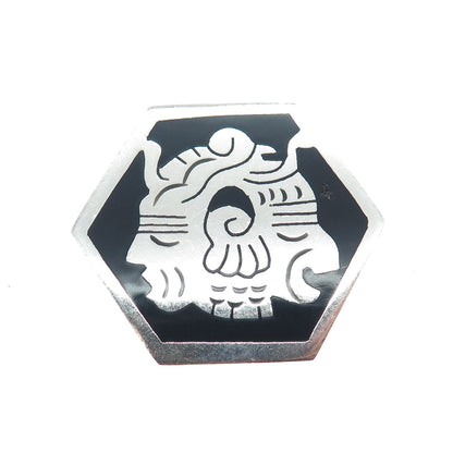 925 Sterling Silver Vintage Mexico Real Black Onyx Tribal God Pin Brooch Pendant