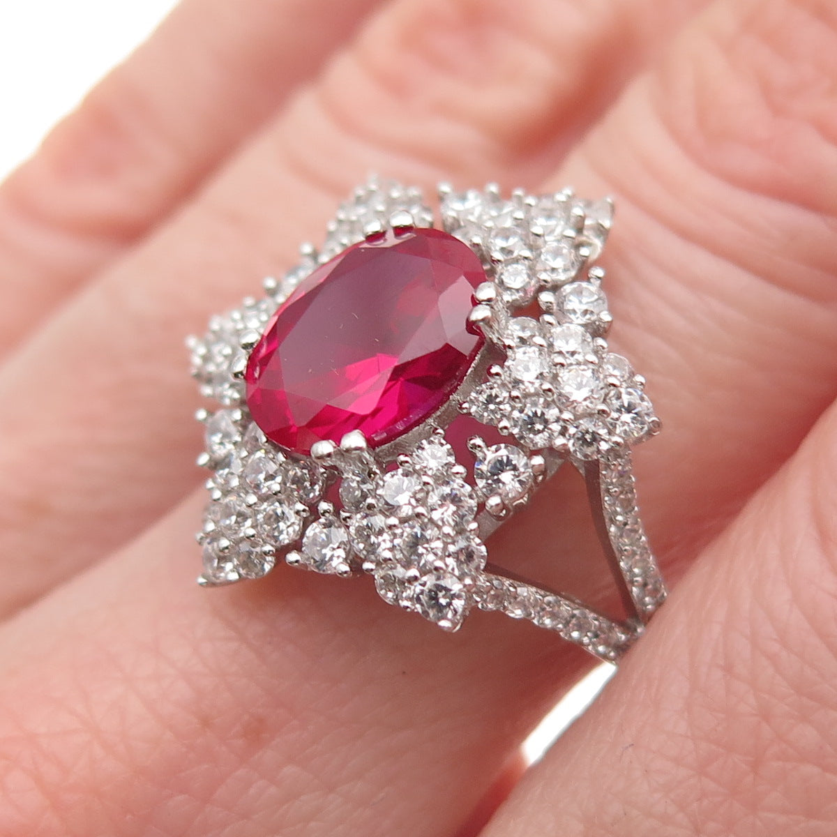 925 Sterling Silver Lab-Created Ruby & C Z Bohemian Ring Size 8