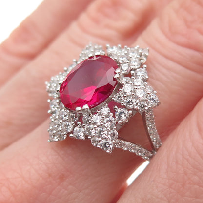 925 Sterling Silver Lab-Created Ruby & C Z Bohemian Ring Size 8