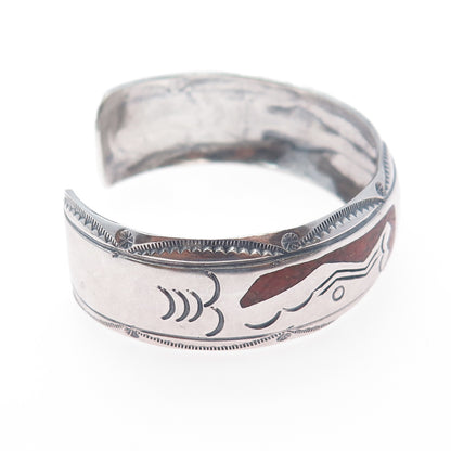 JIMMIE NEZZIE Old Pawn Sterling Turquoise Coral Inlay Adjustable Bracelet 6.25"