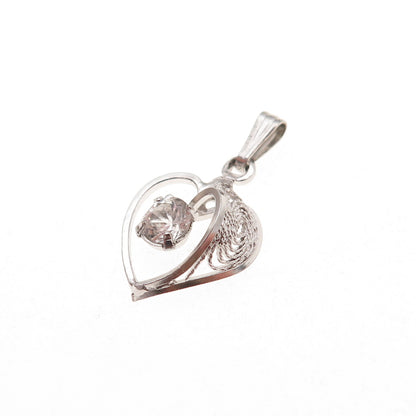 925 Sterling Silver Antique Art Deco Rhinestone Heart Filigree Charm Pendant