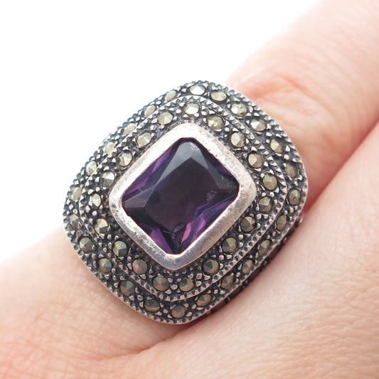 925 Sterling Silver Vintage Real Amethyst & Marcasite Oxidized Ring Size 5
