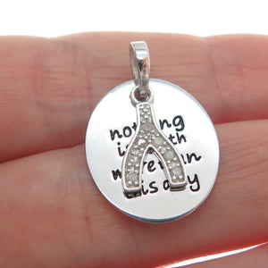 925 Sterling Silver Diamond Nothing Is Worth More Than This Day Wishbone Pendant