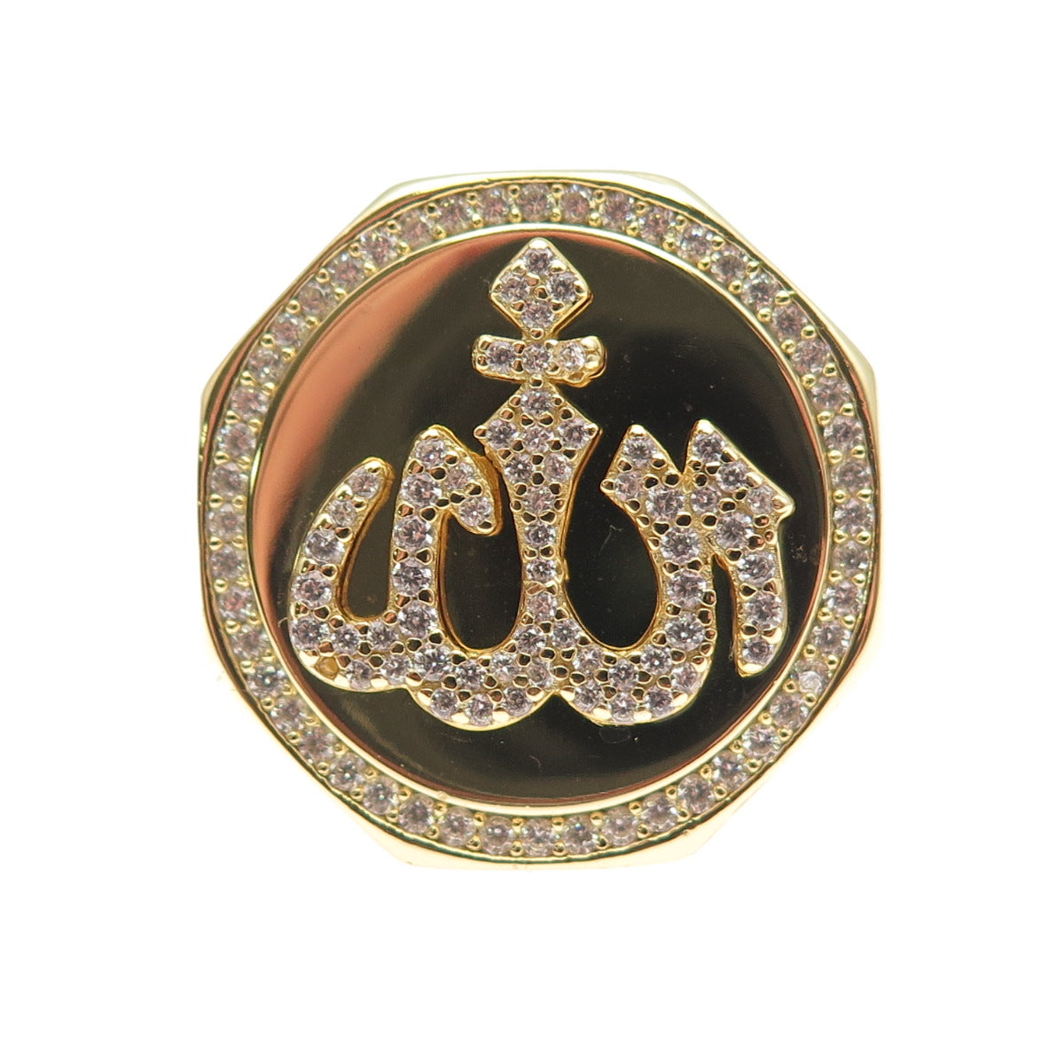 925 Sterling Silver Gold Plated Round-Cut C Z Allah Signet Ring Size 8.25