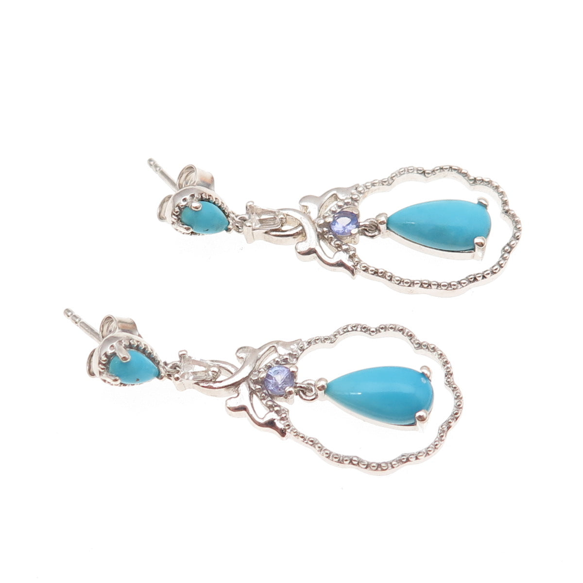 Chuck Clemency 925 Sterling Silver Real Turquoise & Tanzanite Dangle Earrings