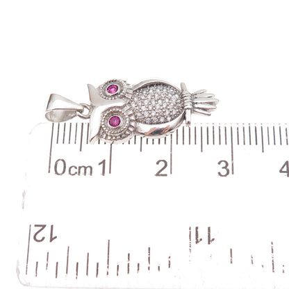 925 Sterling Silver Lab-Created Ruby & C Z Wise Owl Bird Charm Pendant