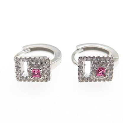 925 Sterling Silver Pink Princess-Cut & White Round-Cut Shaped C Z Hoop Earrings