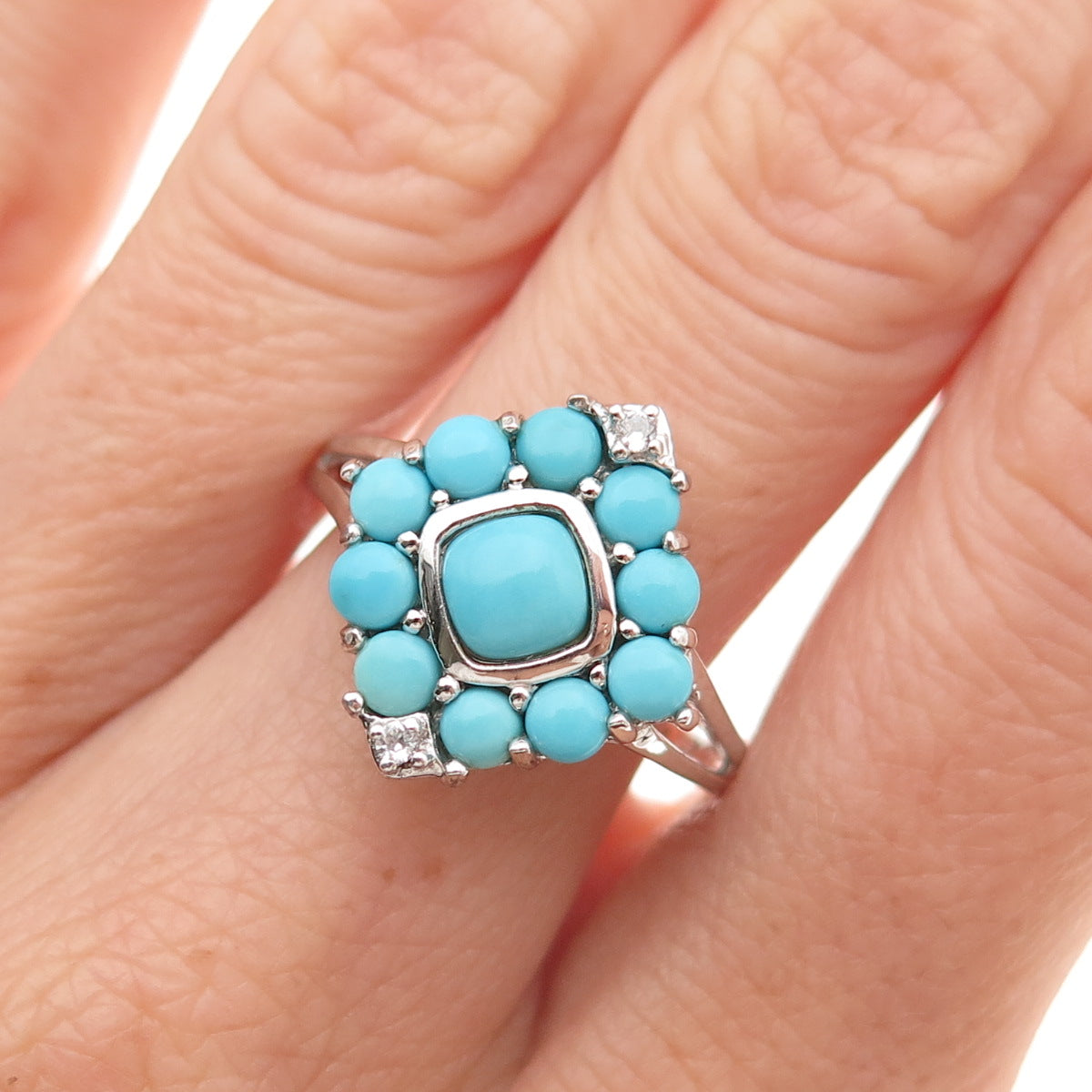 925 Sterling Silver Real Sleeping Beauty Turquoise & White Topaz Ring Size 8