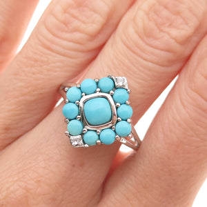 925 Sterling Silver Real Sleeping Beauty Turquoise & White Topaz Ring Size 8
