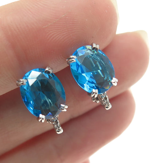 925 Sterling Silver Vintage European Oval-Cut Blue & White C Z Earrings
