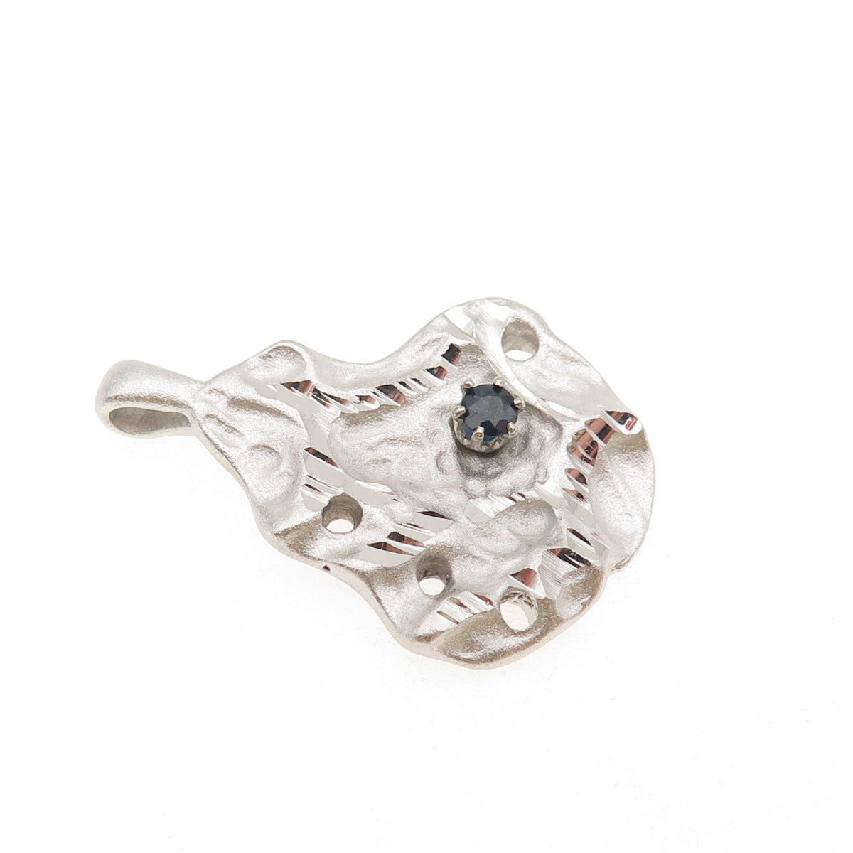 925 Sterling Silver Vintage Real Round-Cut Sapphire Modernist Pendant