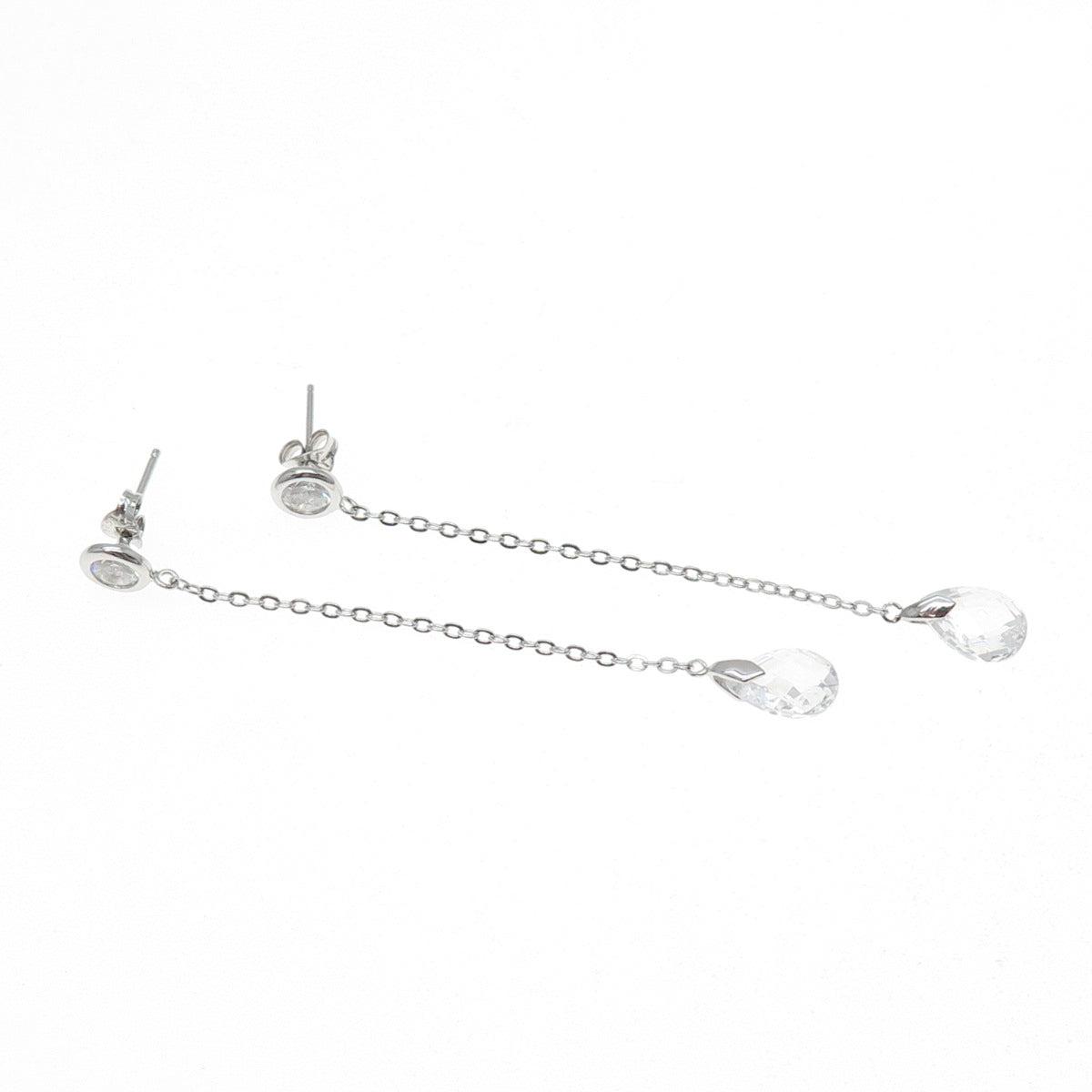 925 Sterling Silver Round & Pear-Cut C Z Chain Drop Dangle Earrings
