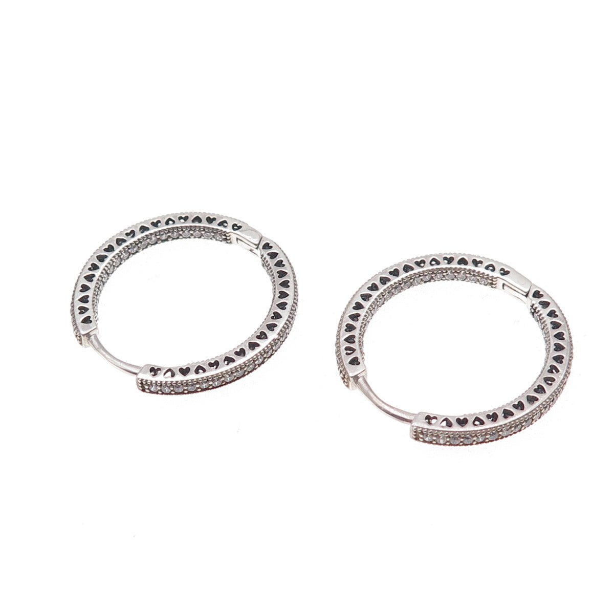 Pandora 925 Sterling Silver C Z Hearts In & Out Hoop Earrings