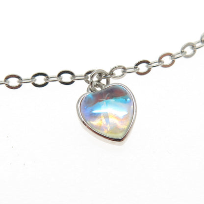 925 Sterling Silver Opalite & C Z Heart Adjustable Bracelet 7-9"