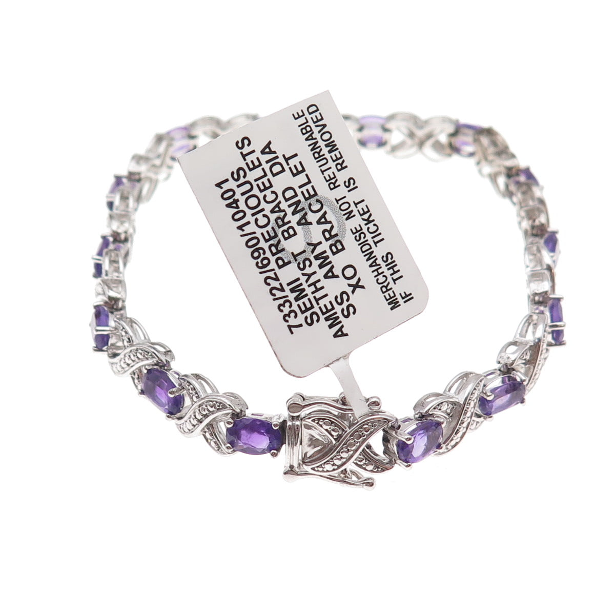 925 Sterling Silver Real Diamond & Amethyst Infinity Link Bracelet 7.25"