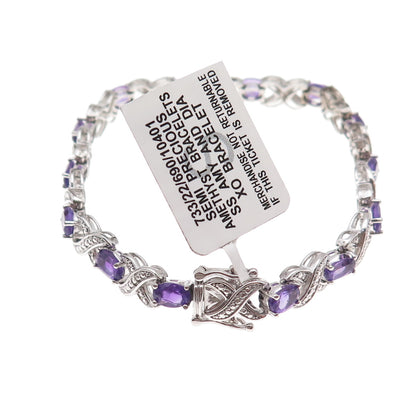 925 Sterling Silver Real Diamond & Amethyst Infinity Link Bracelet 7.25"