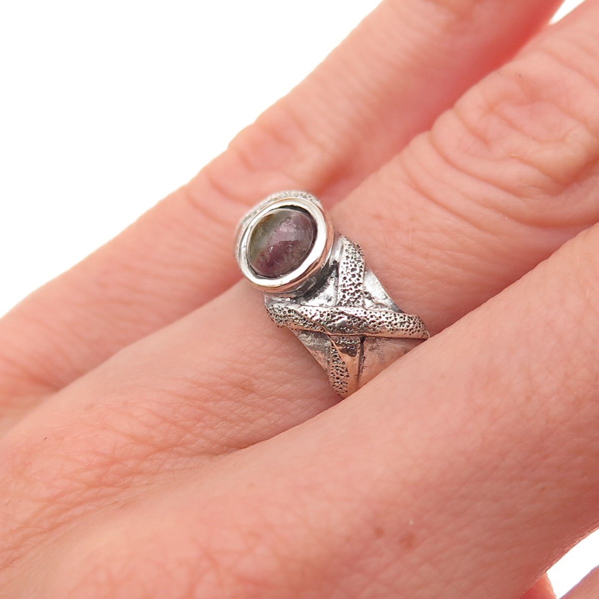 925 Sterling Silver Vintage Real Watermelon Tourmaline Modernist Ring Size 6