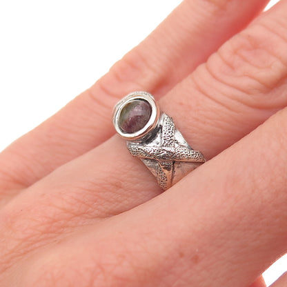 925 Sterling Silver Vintage Real Watermelon Tourmaline Modernist Ring Size 6
